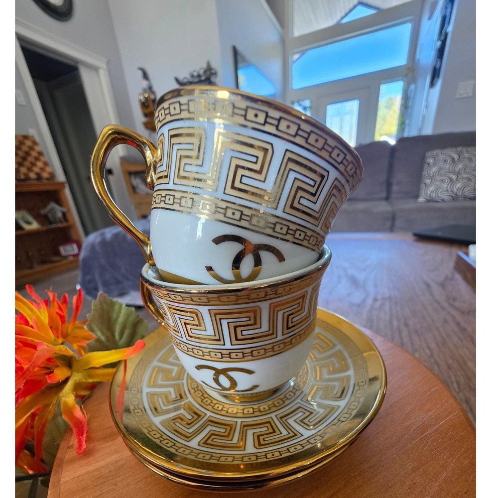 Gilded White Gold Greek Key Tea Cup Set of 2